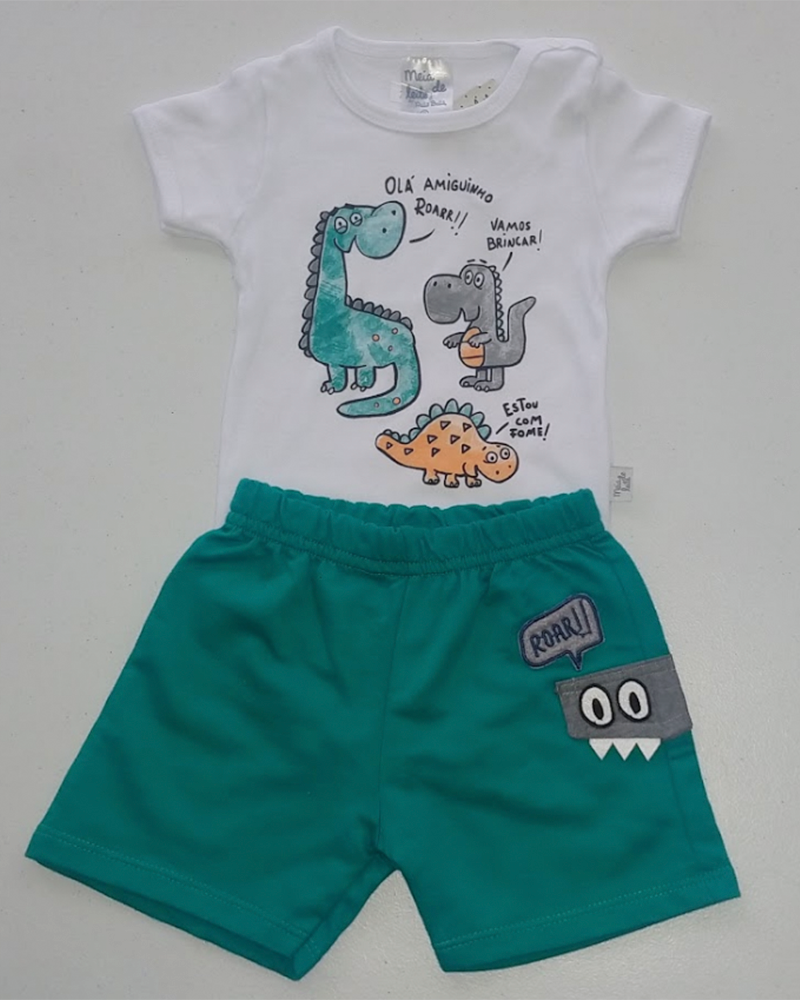 Conjunto Bebê Dinossauro Branco / Verde