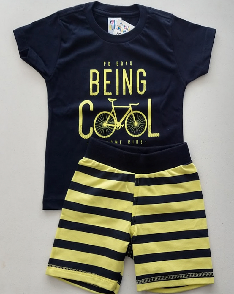 Conjunto Menino Mescla Azul  Short Amarelo Mescla Azul